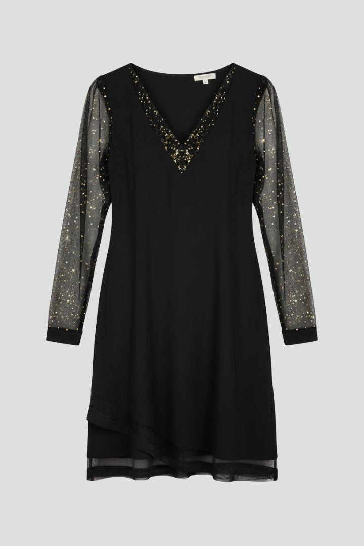 Women's Black Mesh-Sleeve Sequin Long Sleeve Party Shift Dress - Black