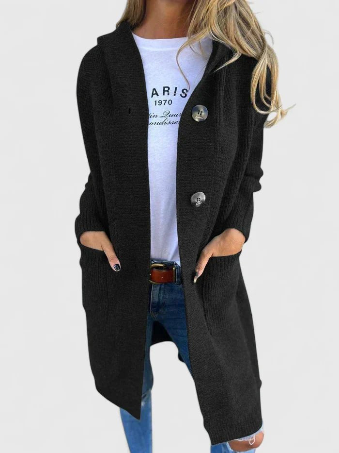 Women's Oversized Knit Ribbed Longline Hooded Cardigan - Black