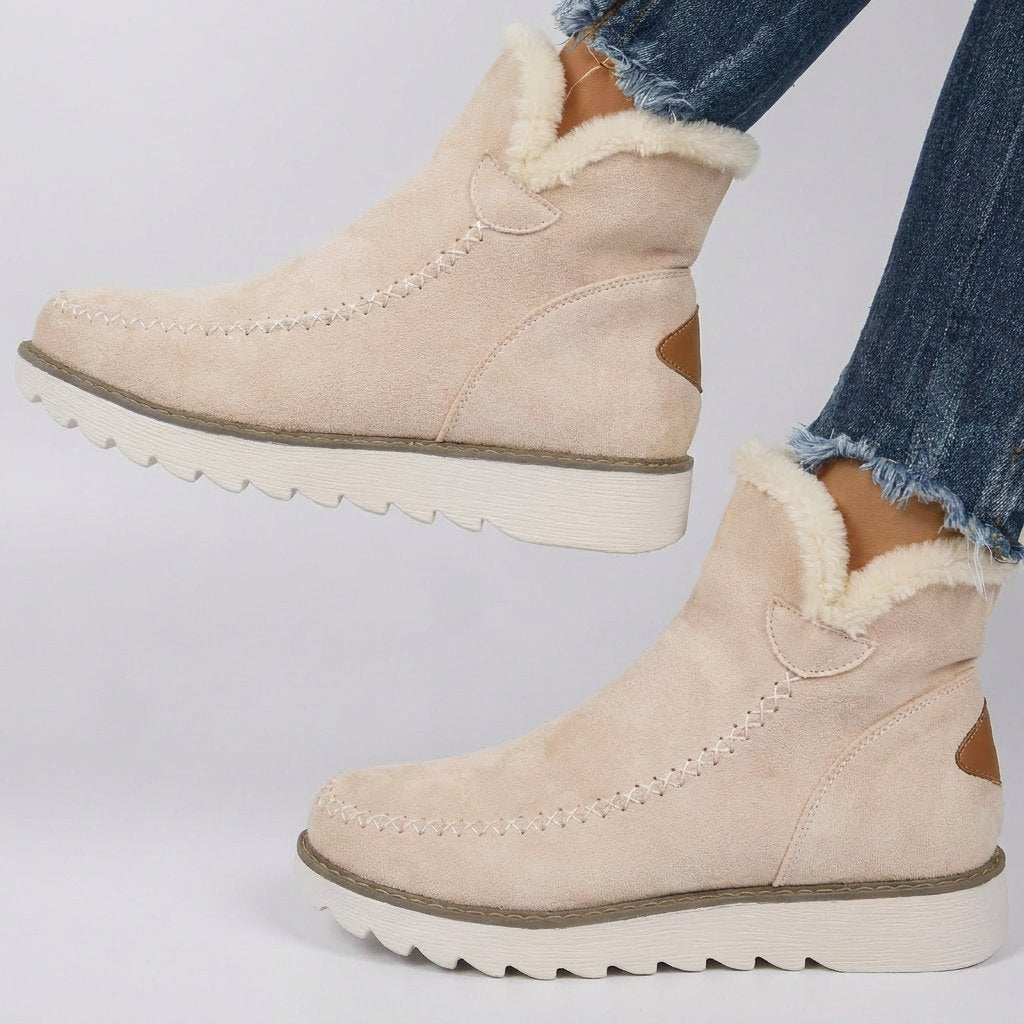 Women's Suede Platform Winter Ankle Boots - Beige