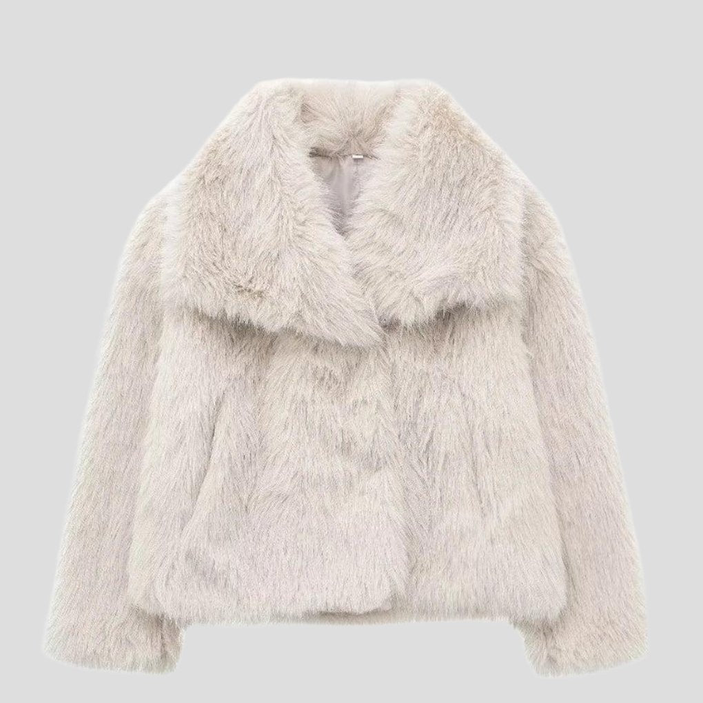 Women's Cropped Faux Fur Jacket - Light beige