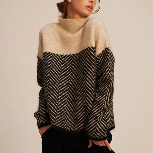Women's Oversized Herringbone Roll Neck Jumper - Beige