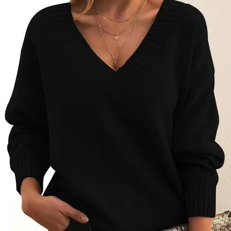 Women's Oversized V-Neck Knit Jumper - Black