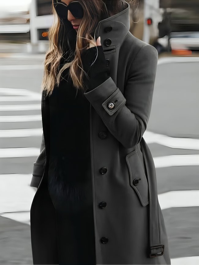 Women's Belted Longline Wool Trench Coat - Grey