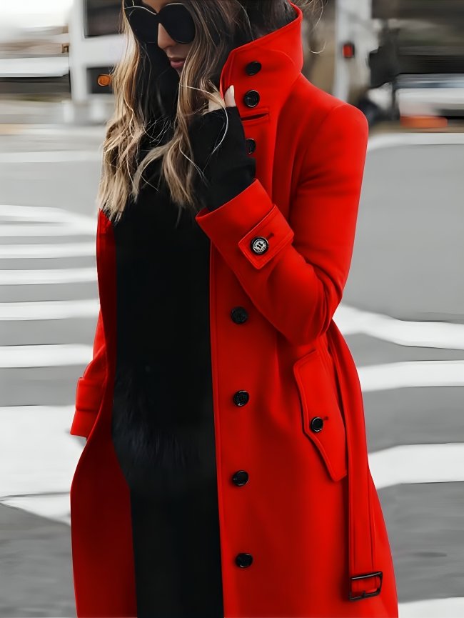 Women's Belted Longline Wool Trench Coat - Red