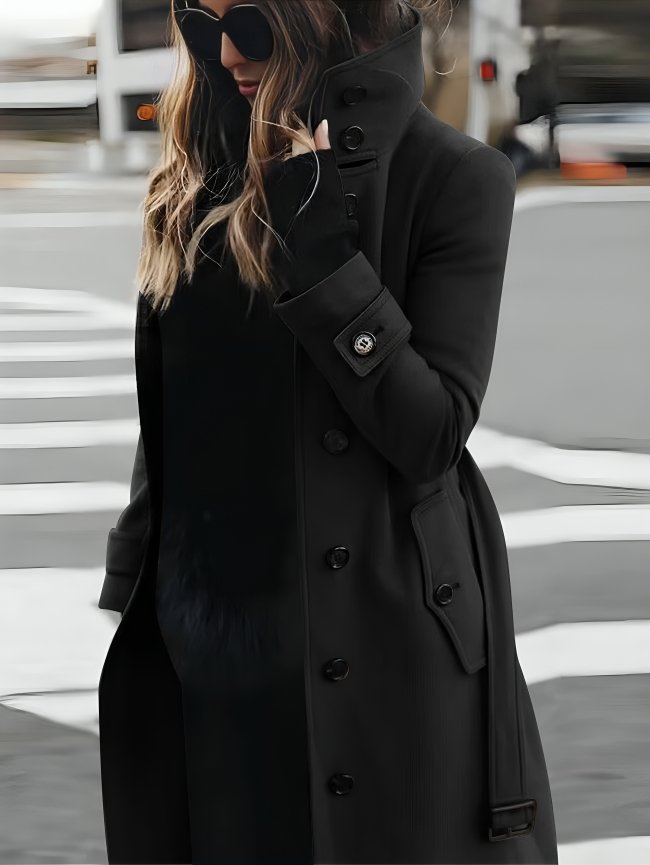 Women's Belted Longline Wool Trench Coat - Black