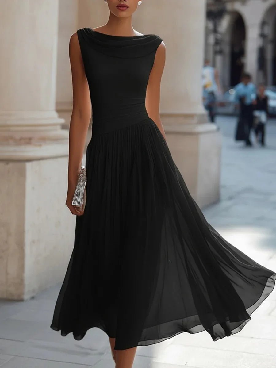 Women's Black Cocktail Chiffon Midi Party Dress - Black