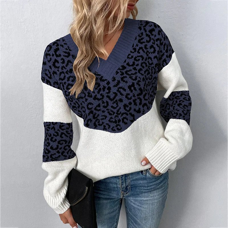 Women's Leopard Print V-Neck Jumper - Dark Blue