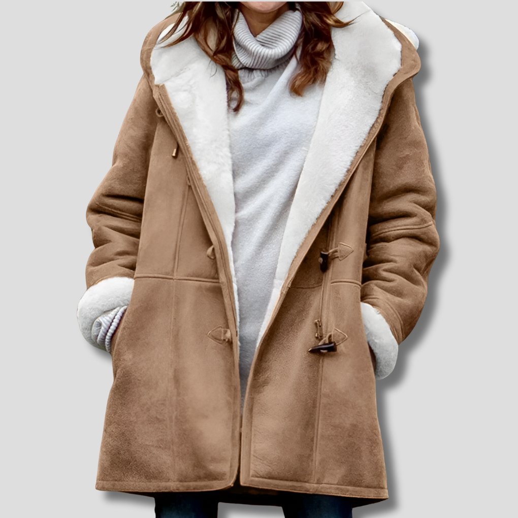 Women's Oversized Suede Duffle Hooded Shearling Coat - Brown