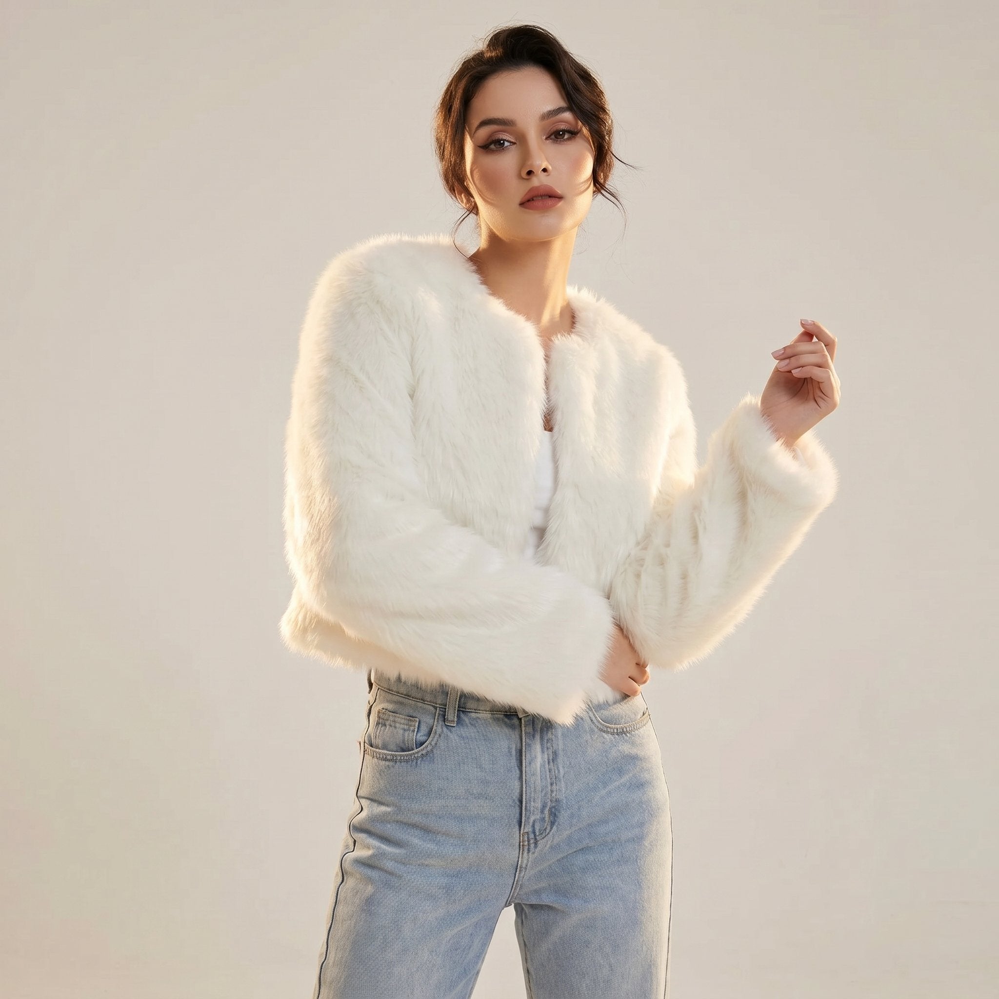 Women's Cropped Faux Fur Jacket - White