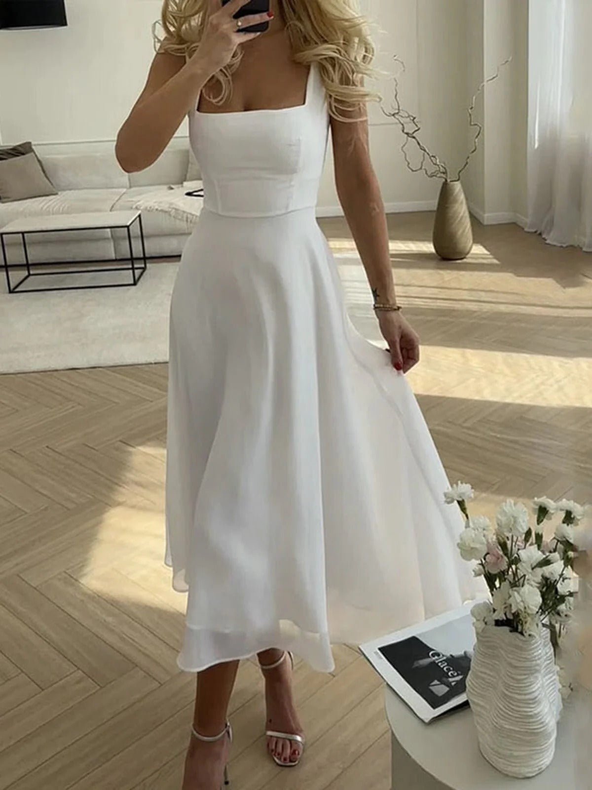 Women's Black Square Neck Satin Midi Party Dress - White
