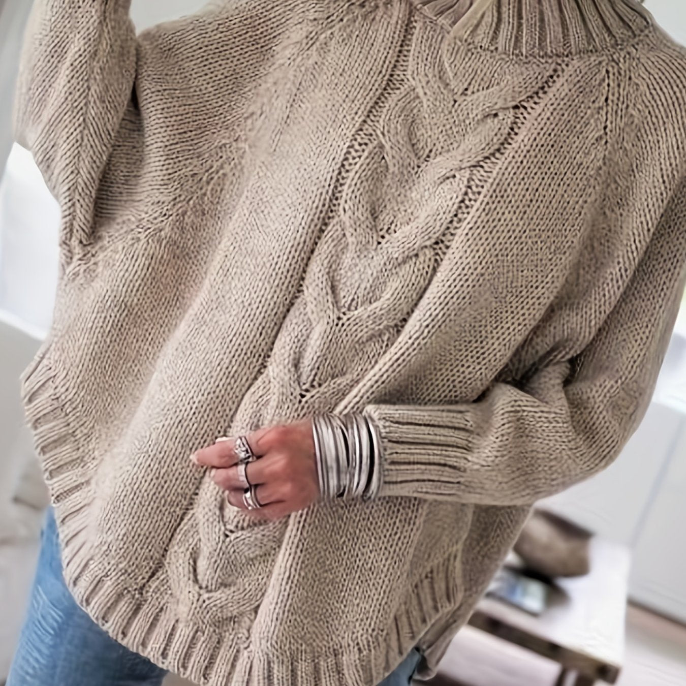 Women's Chunky Oversized Cable Knit Jumper - Khaki