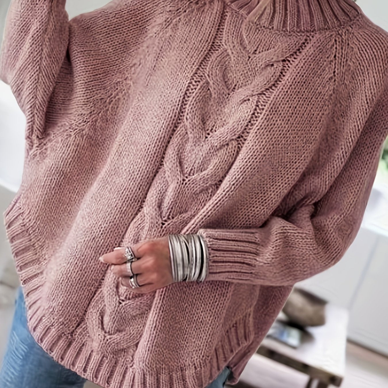 Women's Chunky Oversized Cable Knit Jumper - Pale Pinkish Grey