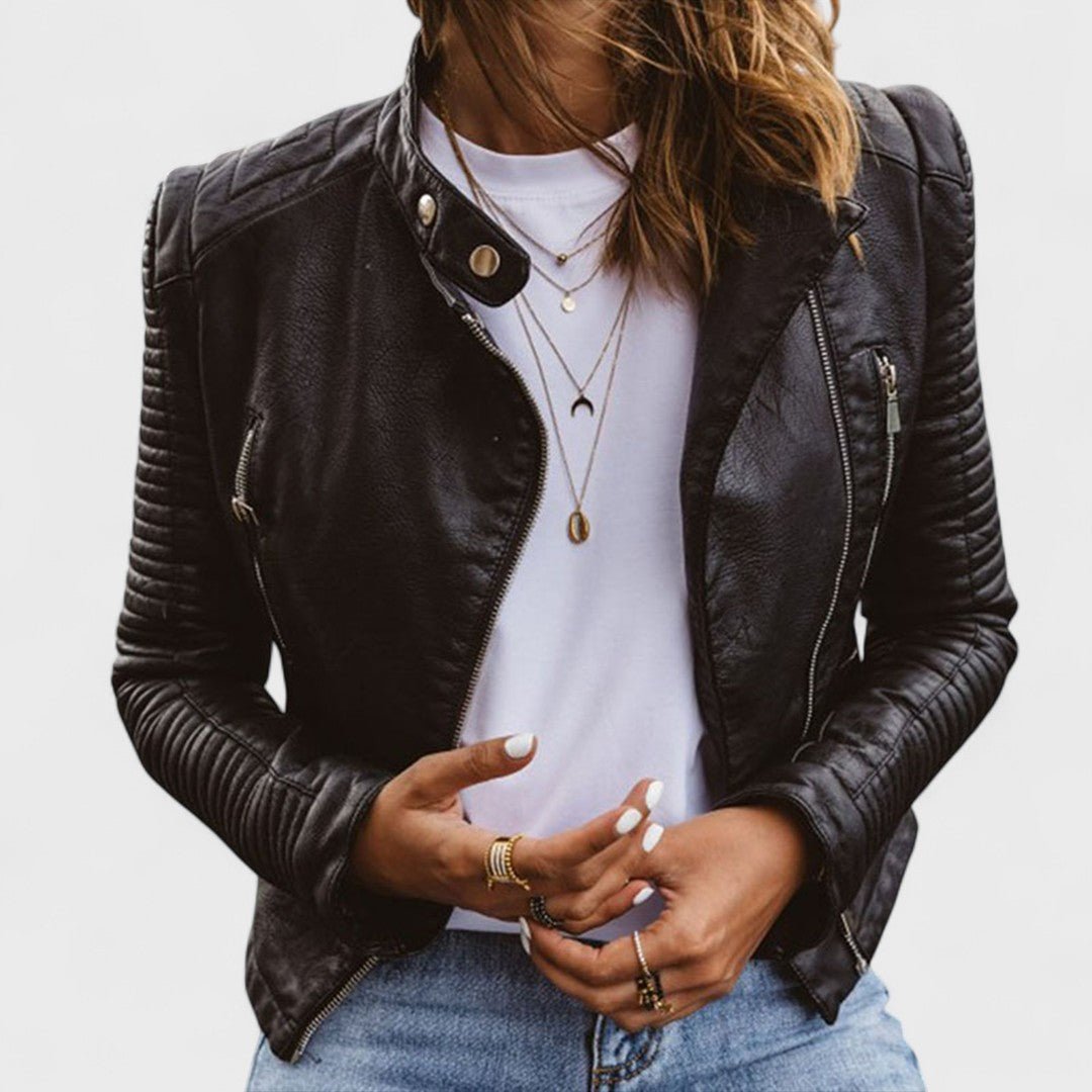 Women's Cropped Faux Leather Moto Jacket - Black
