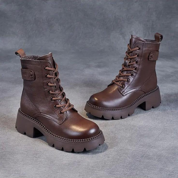 Women's Platform Combat Ankle Boots - Brown
