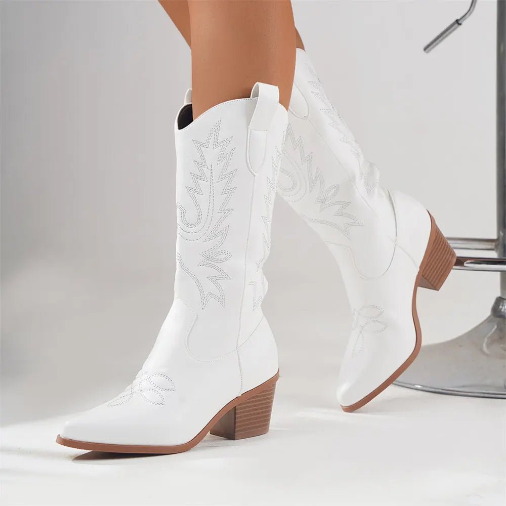 Women's Faux Leather Western Cowboy Boots - White