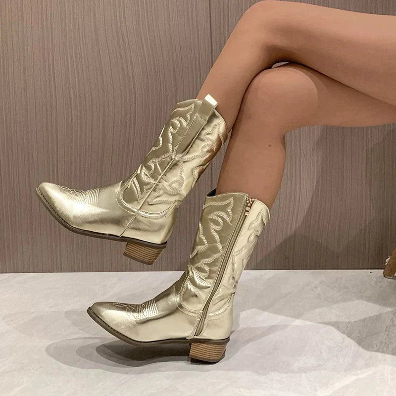 Women's Faux Leather Western Cowboy Knee-High Boots - Gold