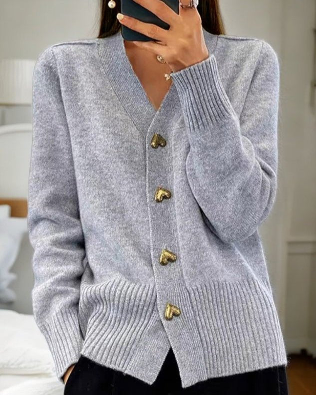 Women's Oversized Knit Wool V-Neck Cardigan - Grey