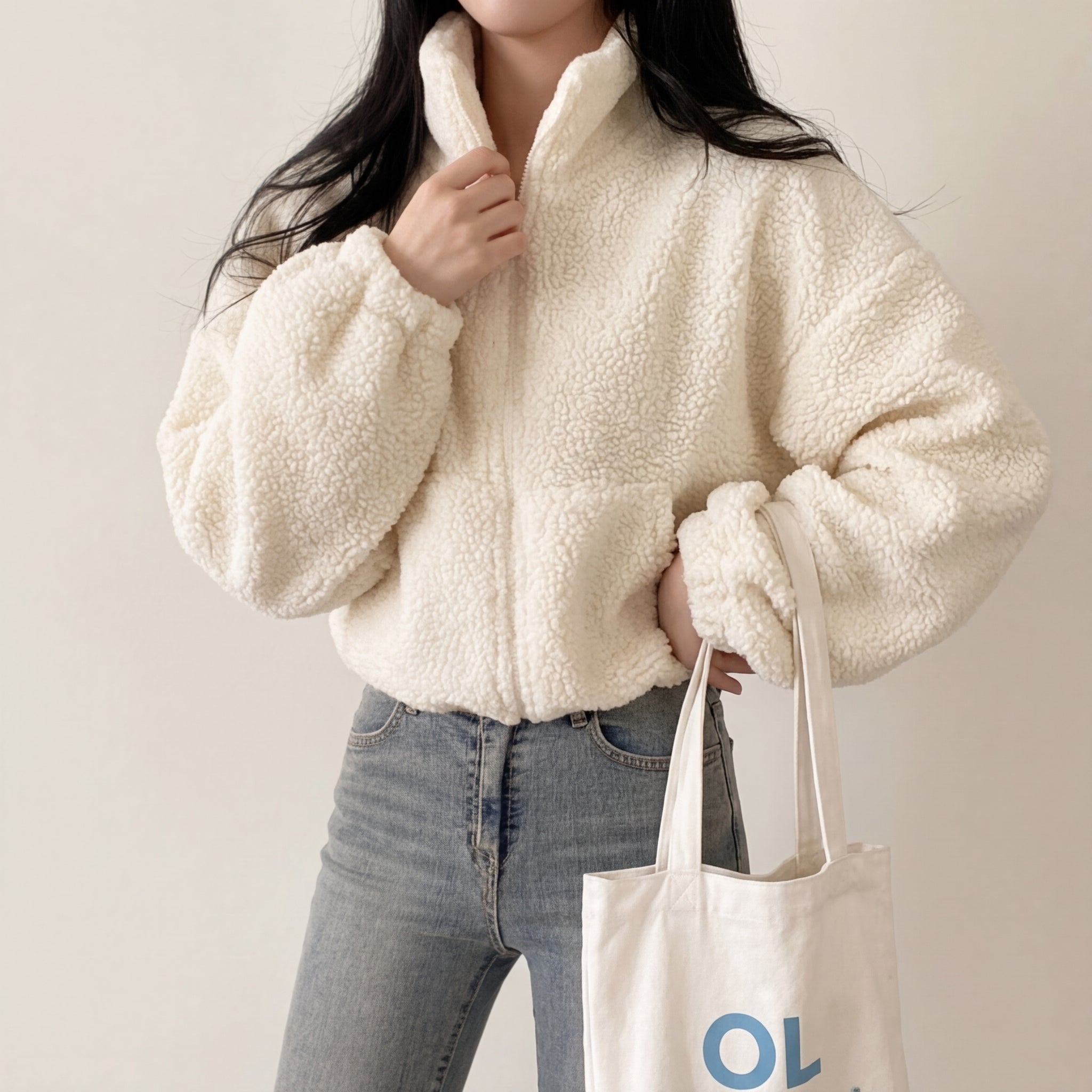 Women's Cropped Sherpa Teddy Jacket - Cream