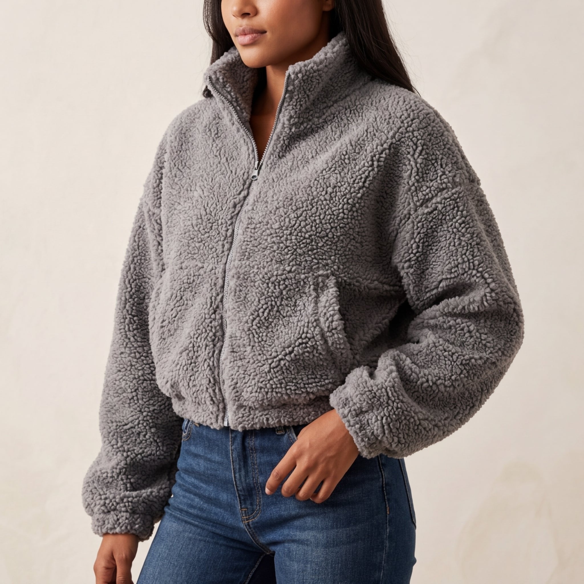 Women's Cropped Sherpa Teddy Jacket - Gray