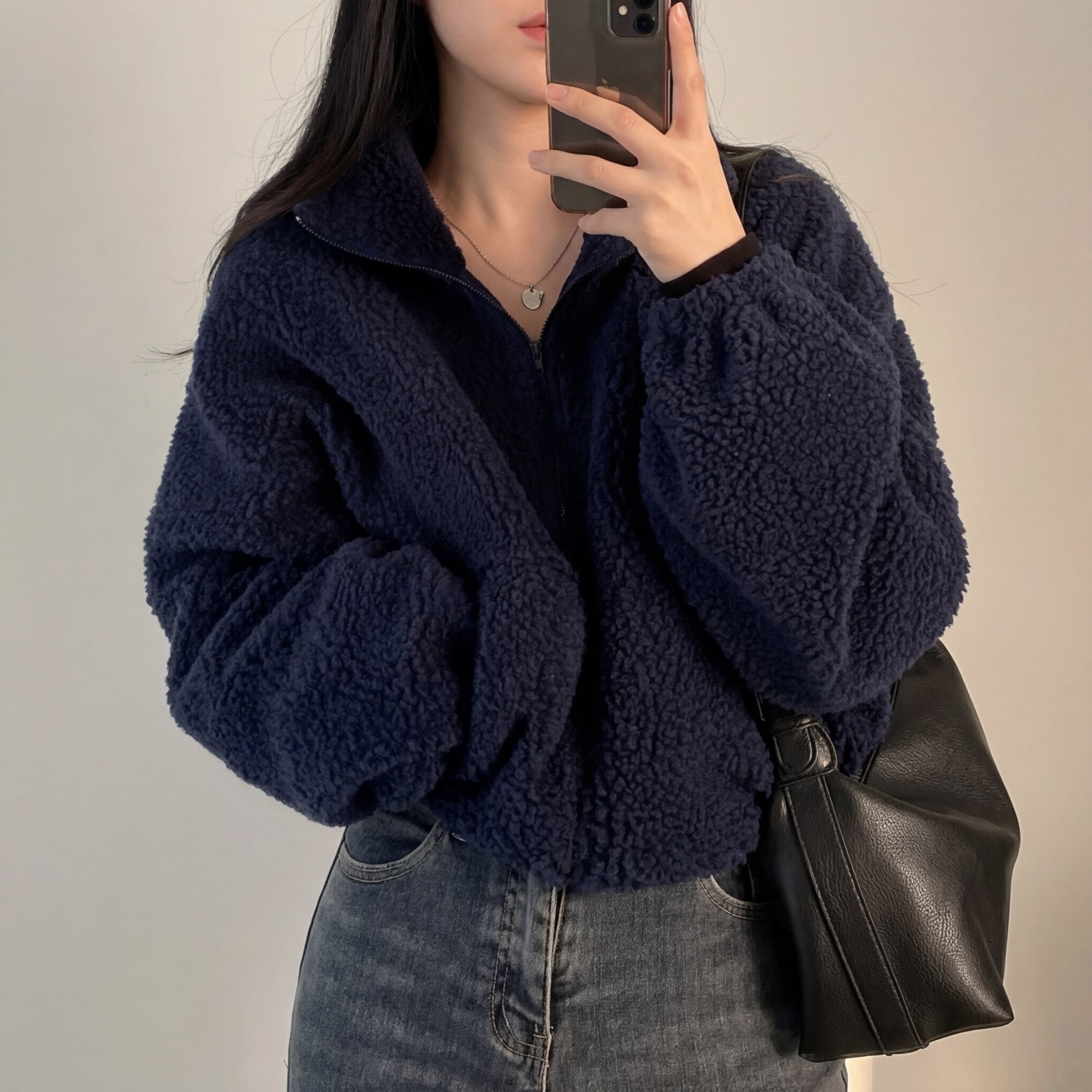 Women's Cropped Sherpa Teddy Jacket - Blue