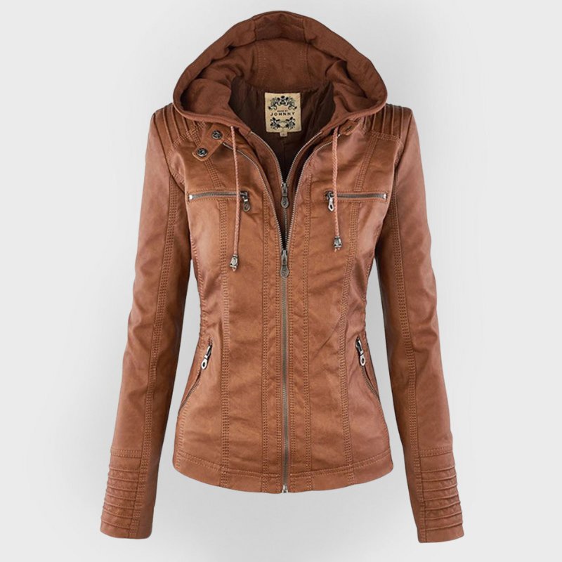 Women's Faux Leather Moto Hooded Jacket - Khaki