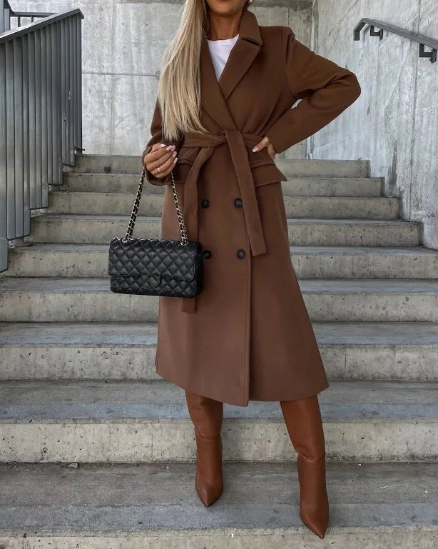 Women's Longline Wool Trench Coat - Brown