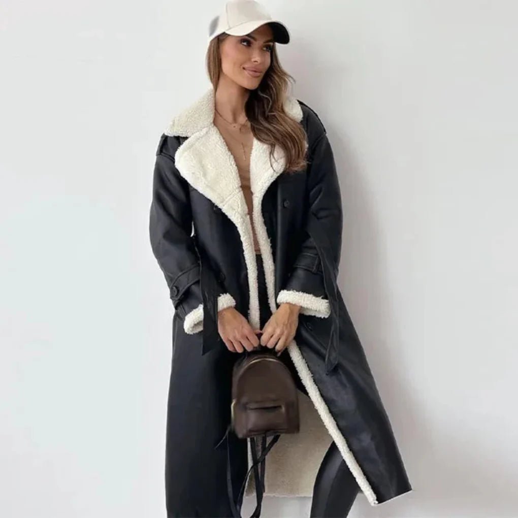 Women's Oversized Faux Leather Belted Shearling Trench Coat - Black