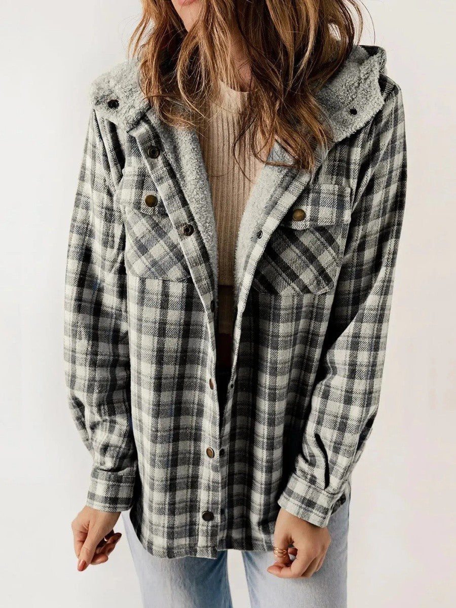 Women's Oversized Plaid Hooded Teddy Shirt Jacket - Dark Grey