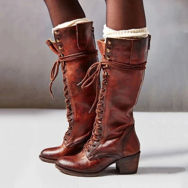 Women's Leather Combat Knee-High Boots - Redish Brown