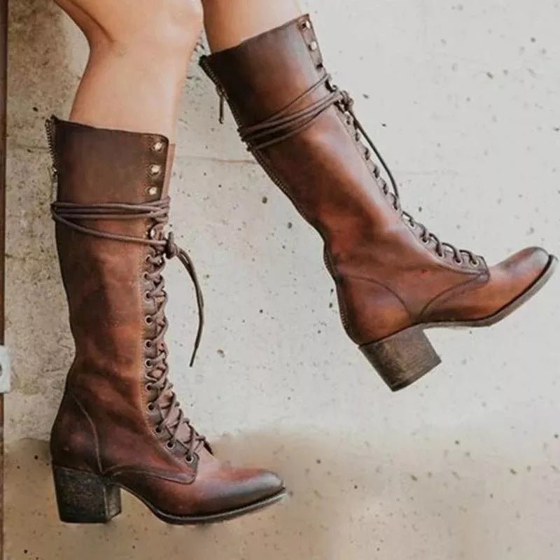Women's Leather Combat Knee-High Boots - Brown