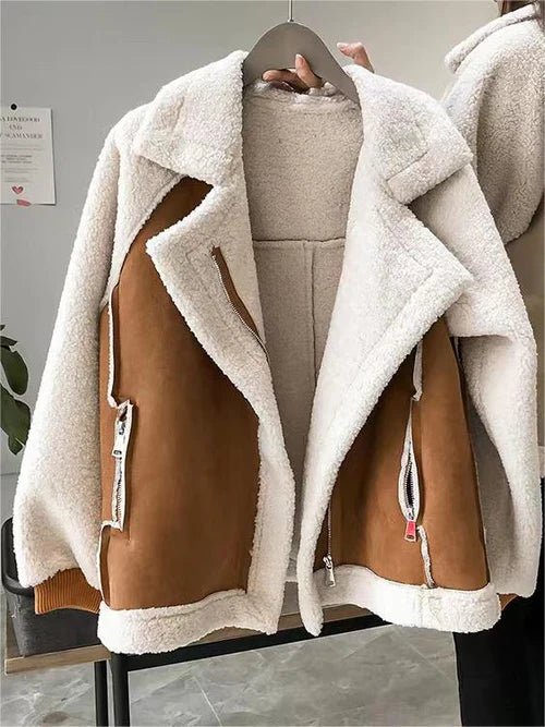 Women's Oversized Suede Moto Shearling Leather Jacket - Brown