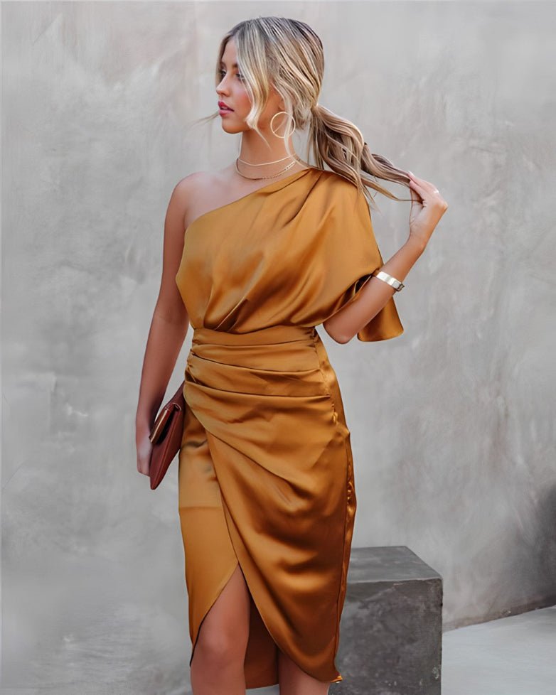 Women's Cocktail Satin One-Shoulder Midi Party Dress - Orange
