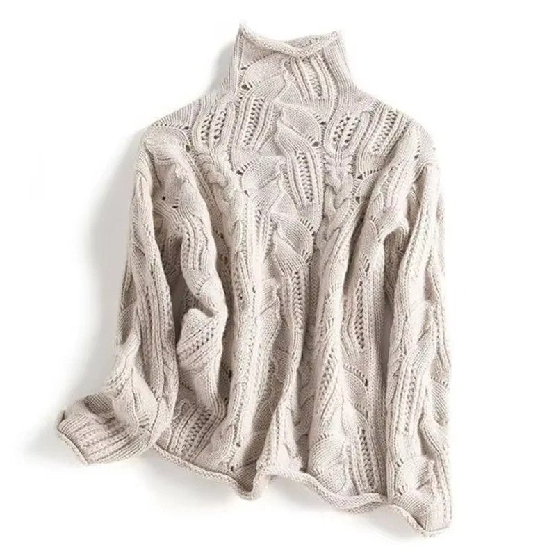 Women's Chunky Cable Knit Roll Neck Jumper - Pink