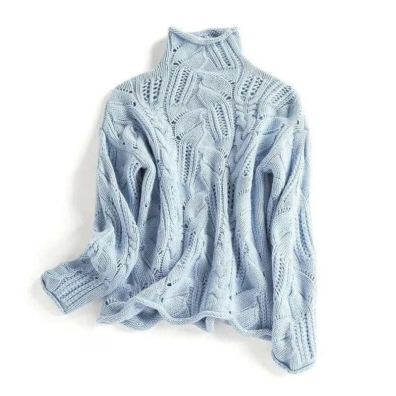 Women's Chunky Cable Knit Roll Neck Jumper - Blue