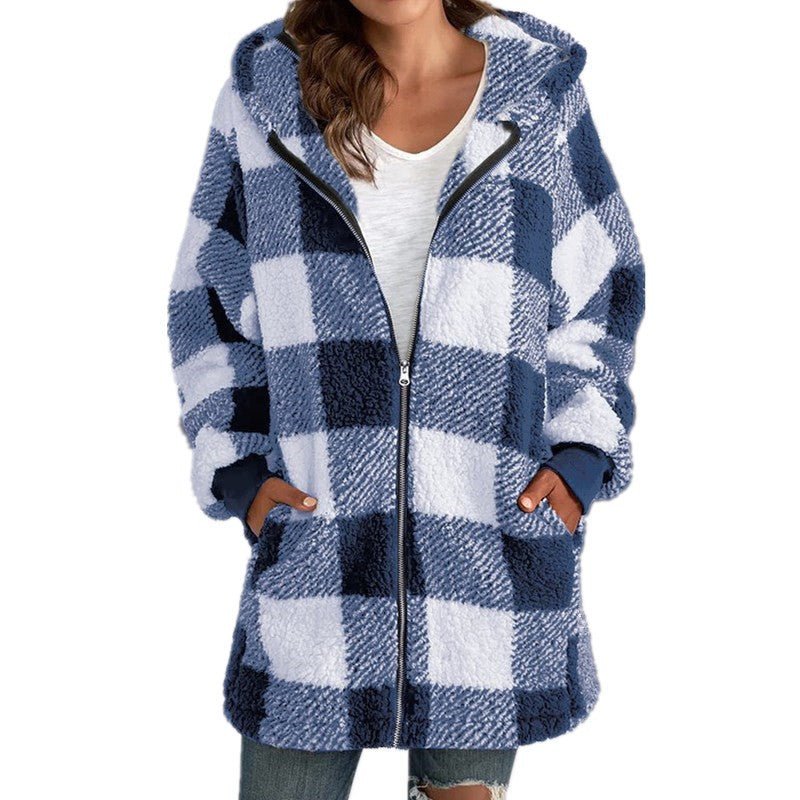Women's Oversized Plaid Fleece Hooded Longline Teddy Jacket - Blue