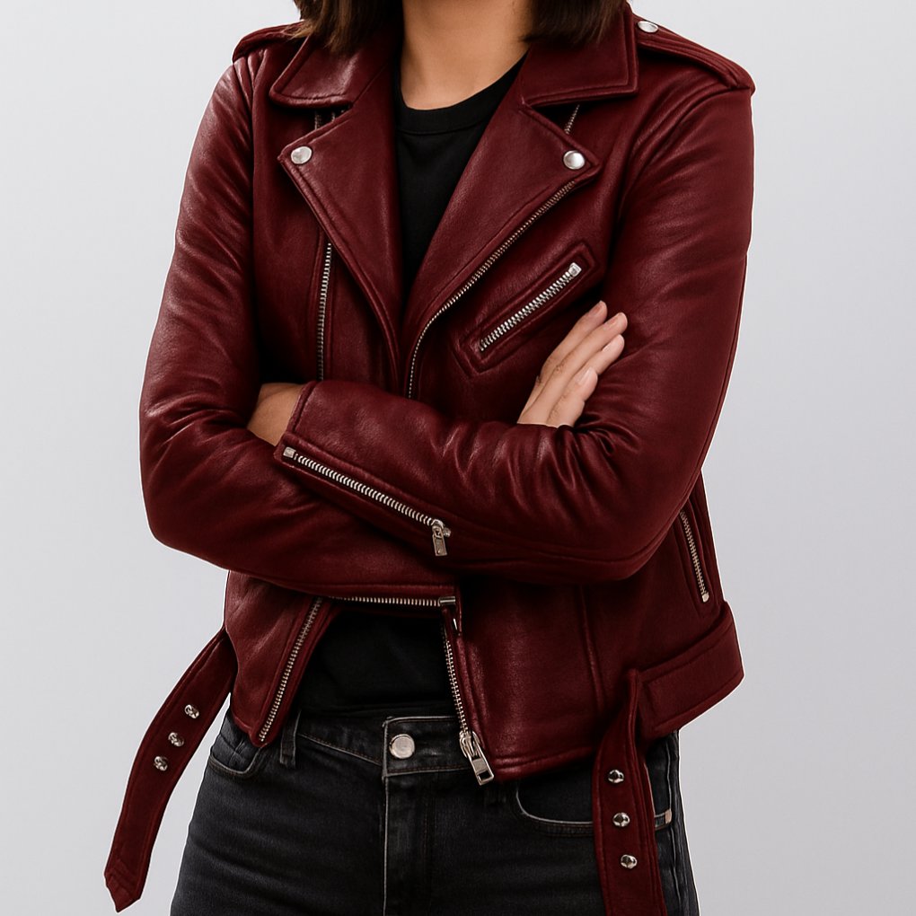 Women's Slim Cropped Leather Biker Jacket - Wine Red