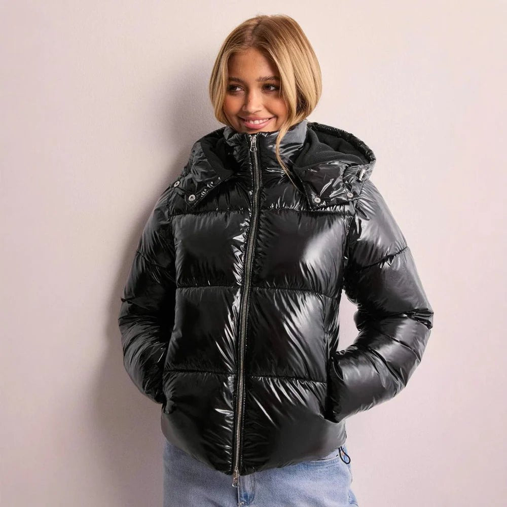 Women's Glossy Hooded Puffer Jacket - Black