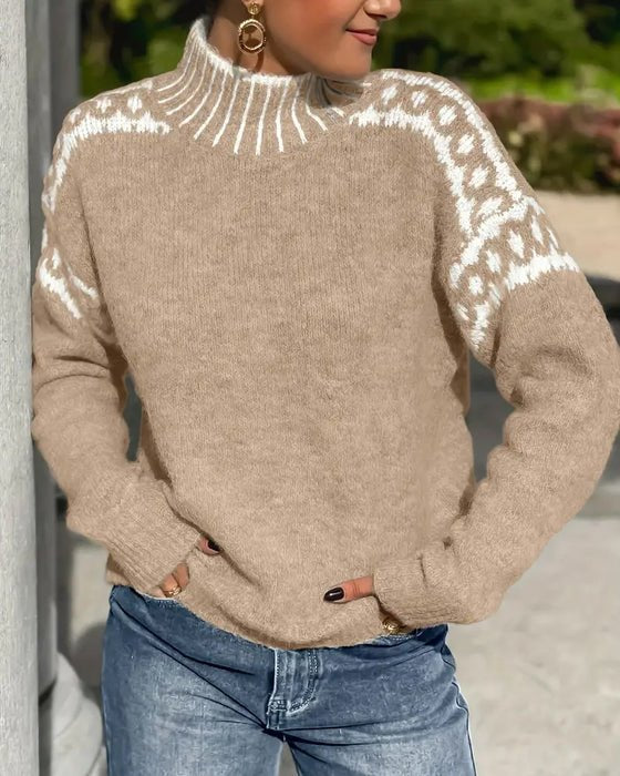 Women's Oversized Leopard Funnel Neck Jumper - Khaki