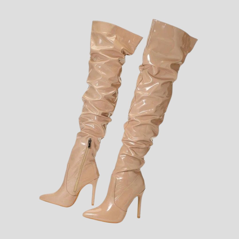 Women's Patent Leather Thigh-High Over-the-Knee Boots - Beige