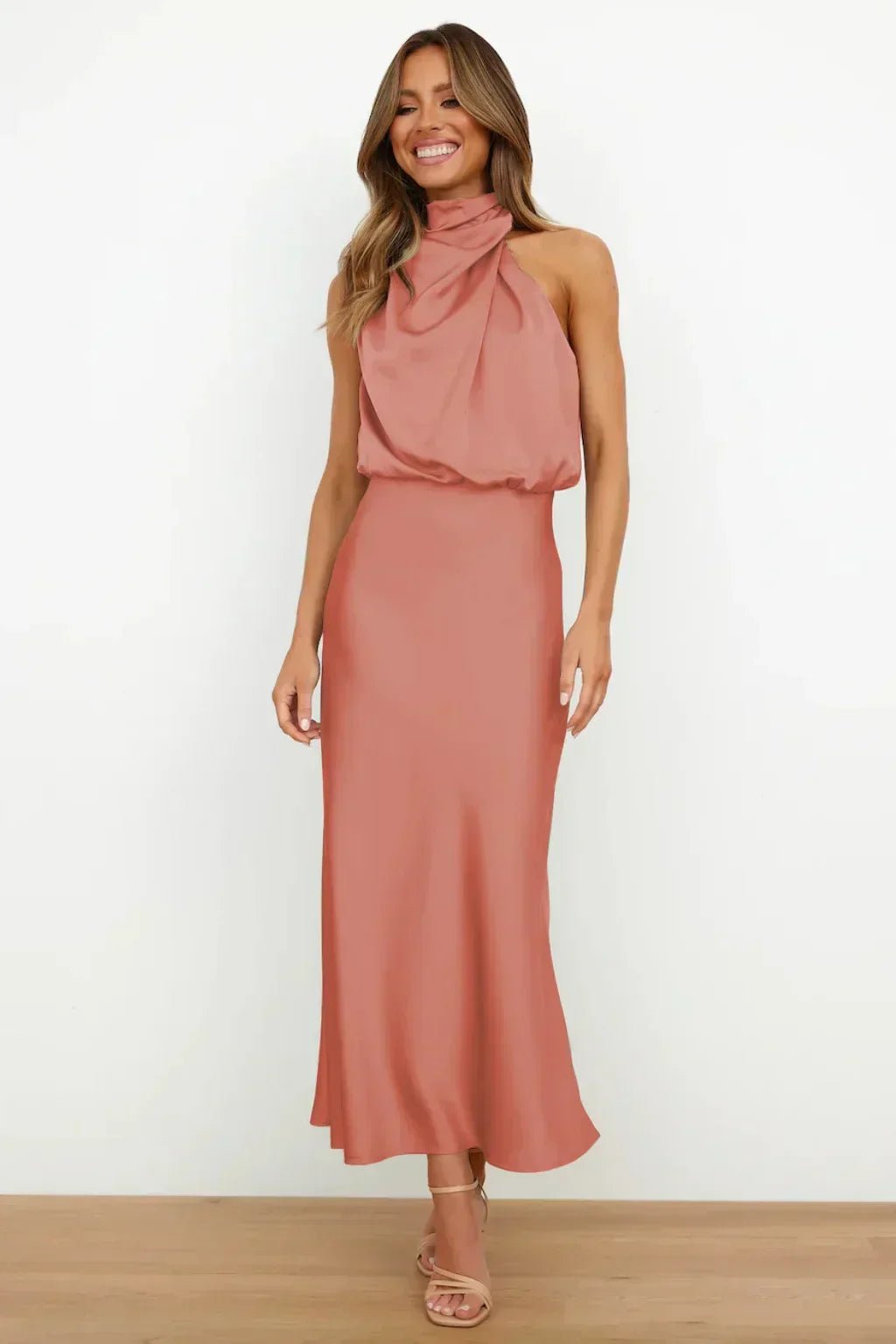 Women's Satin Halter Midi Party Dress