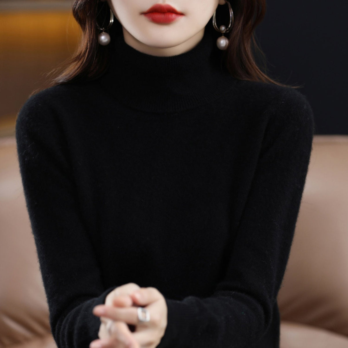 Women's Slim Cashmere Wool Roll Neck Jumper - Black