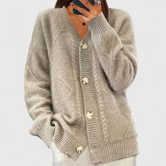 Women's Cable Knit Wool V-Neck Cardigan - Khaki