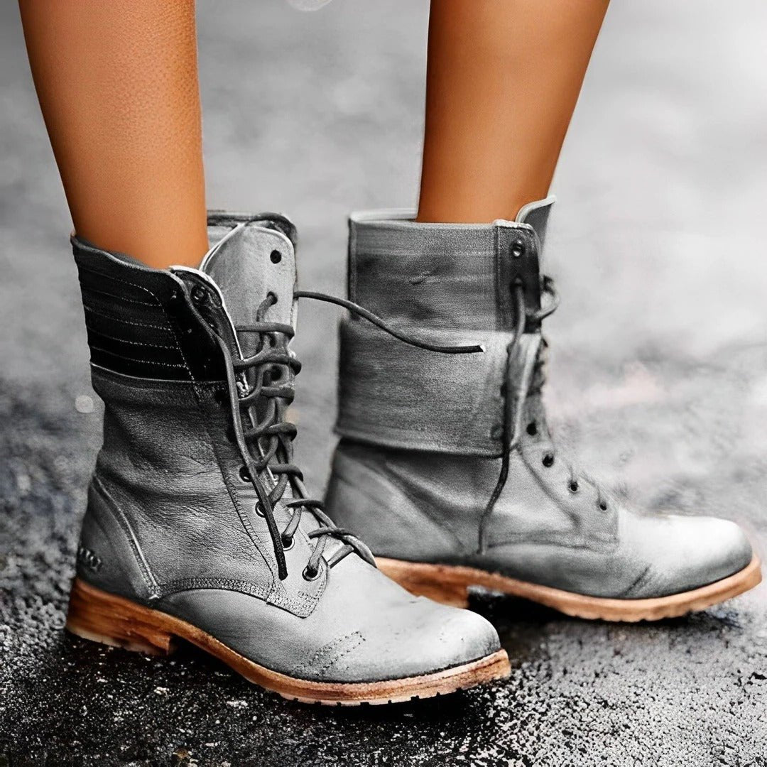 Women's Leather Combat Boots - Gray