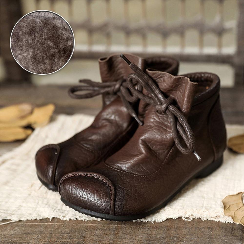 Women's Leather Lace-Up Winter Ankle Boots - Coffee
