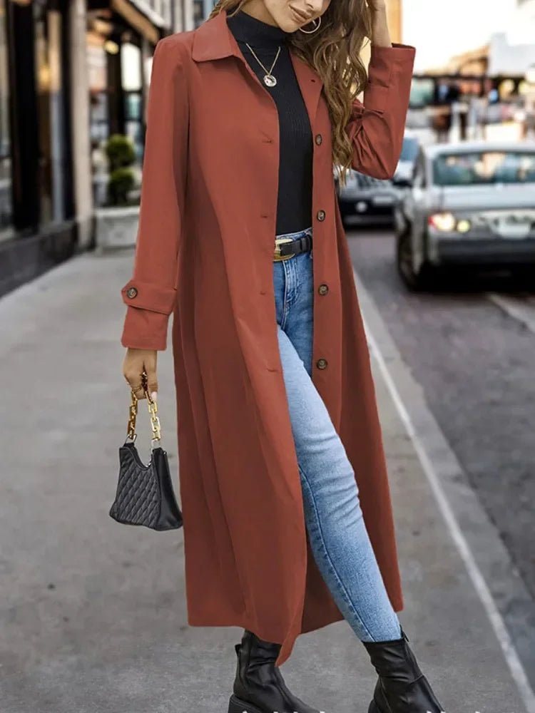 Women's Longline Trench Coat - Red Orange