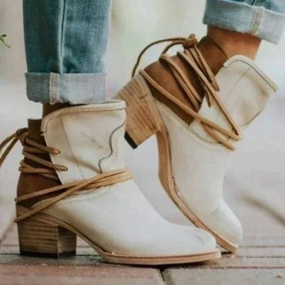 Women's Faux Leather Lace-Up Ankle Boots - Beige
