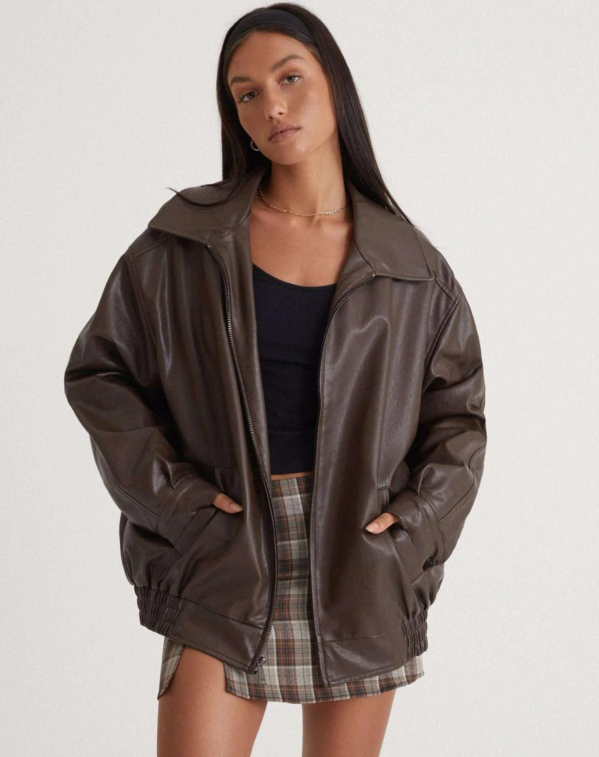 Women's Oversized Faux Leather Bomber Jacket - Brown
