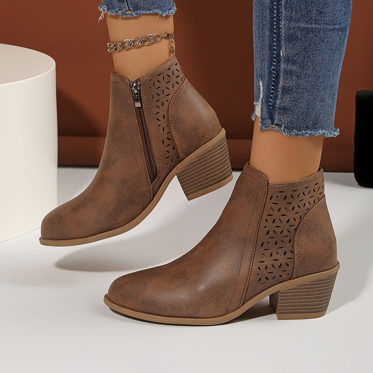 Women's Faux Leather Ankle Boots - Brown
