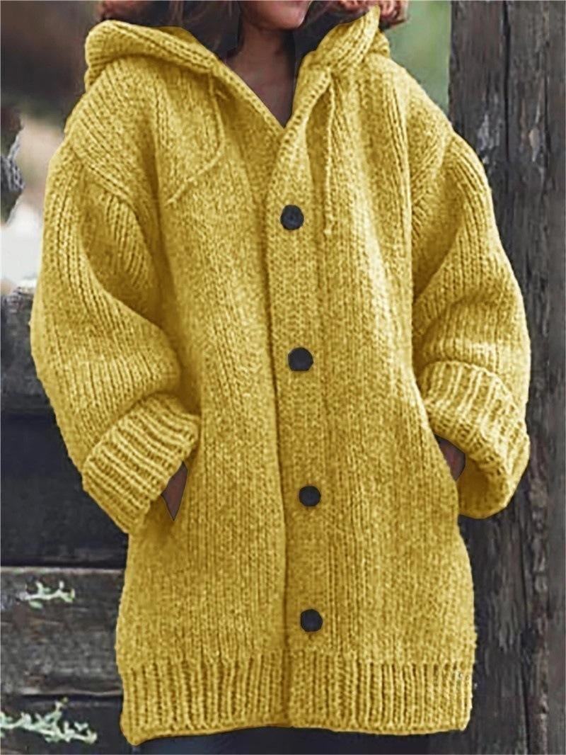 Women's Chunky Oversized Knit Ribbed Hooded Cardigan - Yellow