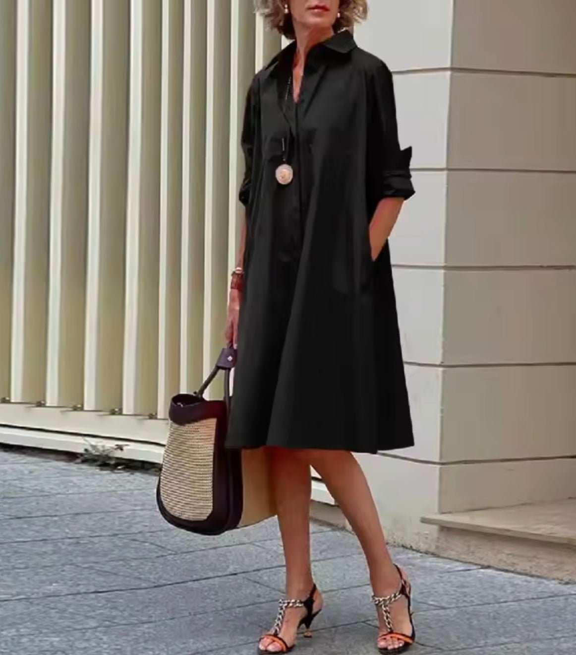 Women's Black Midi Shirt Dress - Black